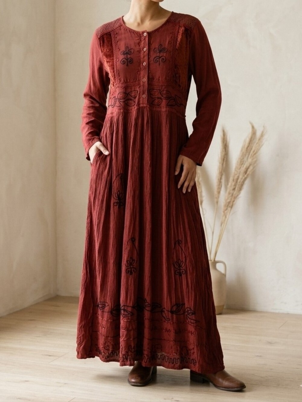 Starina Long Sleeve Embroidered Burgundy Rayon Dress